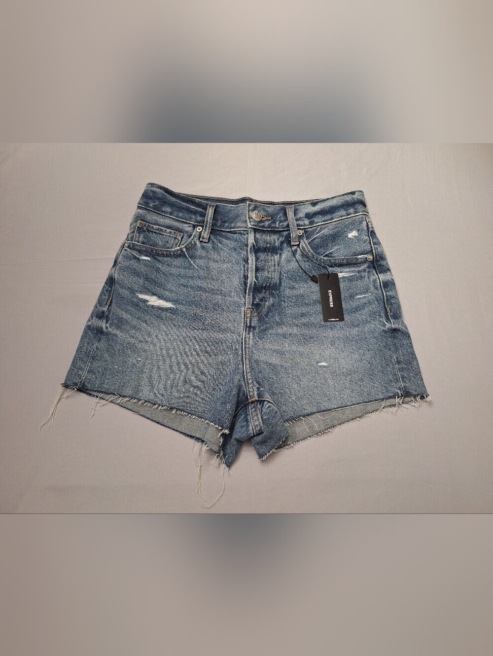 Express High-Rise Distressed Denim Shorts - Blue Wash